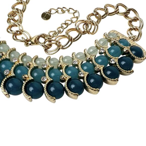 Talbots Beaded Bib Necklace Blue Green Clear Rhinestone Accents Gold Tone Chain - Picture 9 of 13